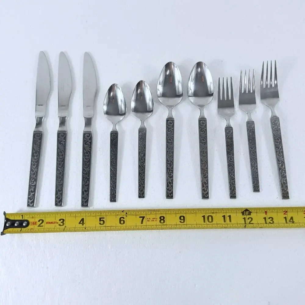 VTG Riviera Rose Stainless Flatware Japan LOT 9 Pc Black Textured Floral MCM